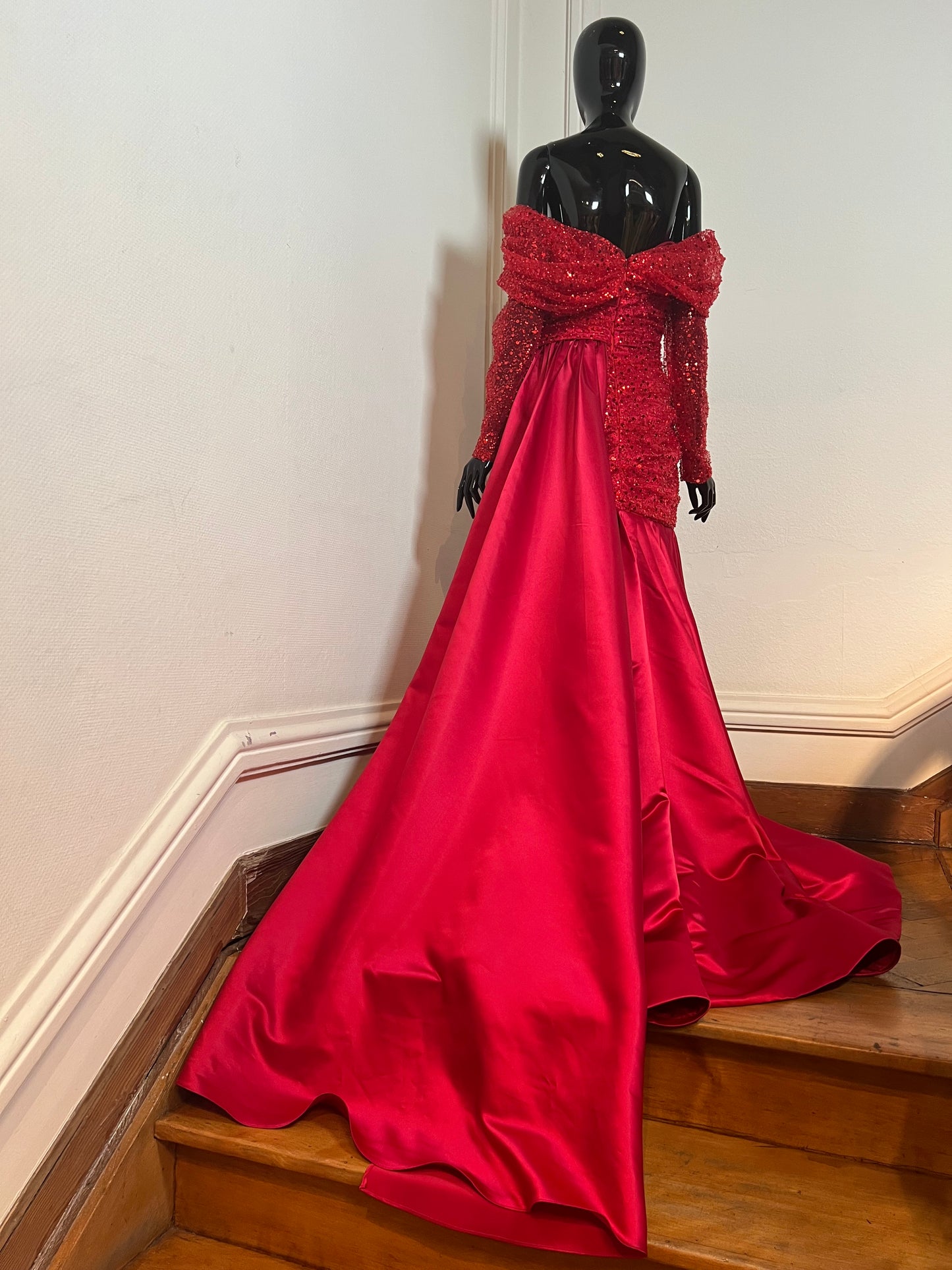 Red Beaded Satin Pleated