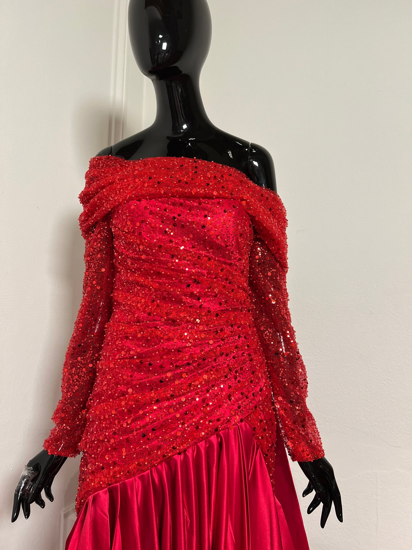 Red Beaded Satin Pleated