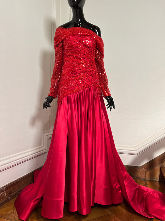Red Beaded Satin Pleated